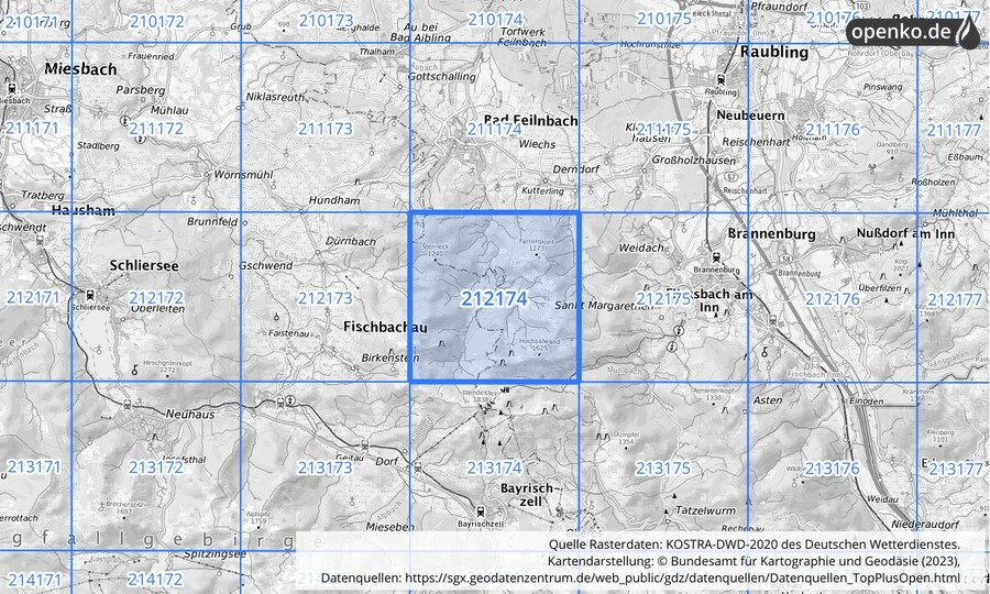 Übersichtskarte des KOSTRA-DWD-2020-Rasterfeldes Nr. 212174