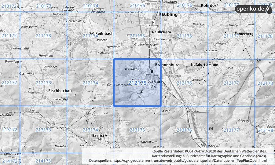 Übersichtskarte des KOSTRA-DWD-2020-Rasterfeldes Nr. 212175