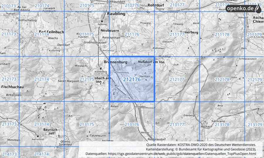 Übersichtskarte des KOSTRA-DWD-2020-Rasterfeldes Nr. 212176