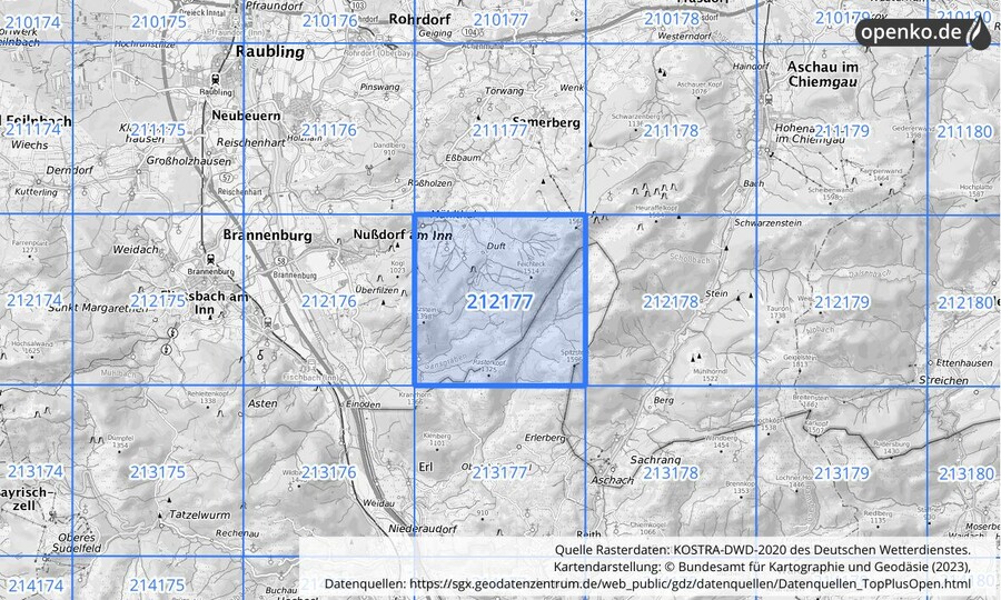 Übersichtskarte des KOSTRA-DWD-2020-Rasterfeldes Nr. 212177