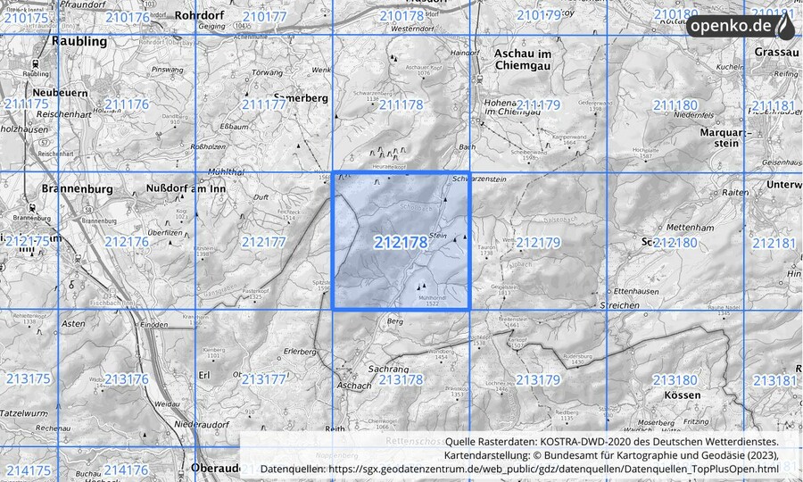 Übersichtskarte des KOSTRA-DWD-2020-Rasterfeldes Nr. 212178