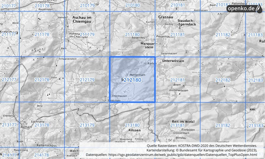 Übersichtskarte des KOSTRA-DWD-2020-Rasterfeldes Nr. 212180