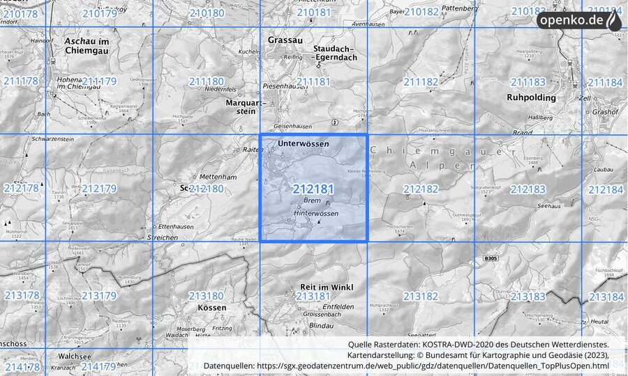 Übersichtskarte des KOSTRA-DWD-2020-Rasterfeldes Nr. 212181