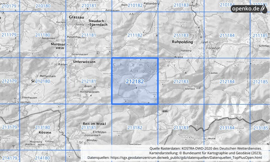 Übersichtskarte des KOSTRA-DWD-2020-Rasterfeldes Nr. 212182