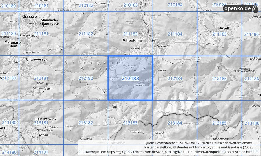 Übersichtskarte des KOSTRA-DWD-2020-Rasterfeldes Nr. 212183
