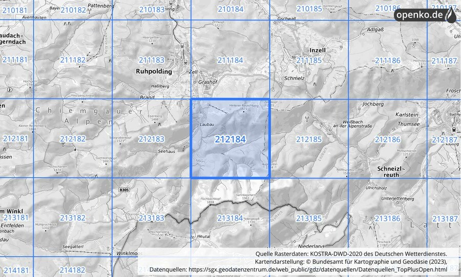 Übersichtskarte des KOSTRA-DWD-2020-Rasterfeldes Nr. 212184