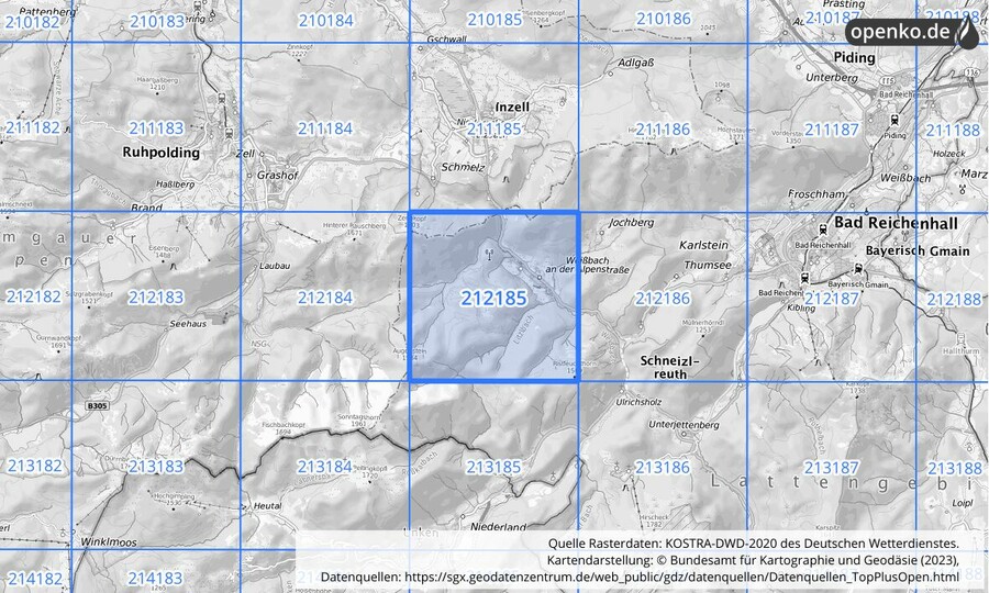 Übersichtskarte des KOSTRA-DWD-2020-Rasterfeldes Nr. 212185