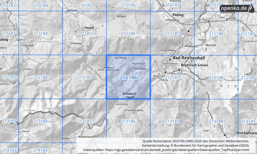 Übersichtskarte des KOSTRA-DWD-2020-Rasterfeldes Nr. 212186