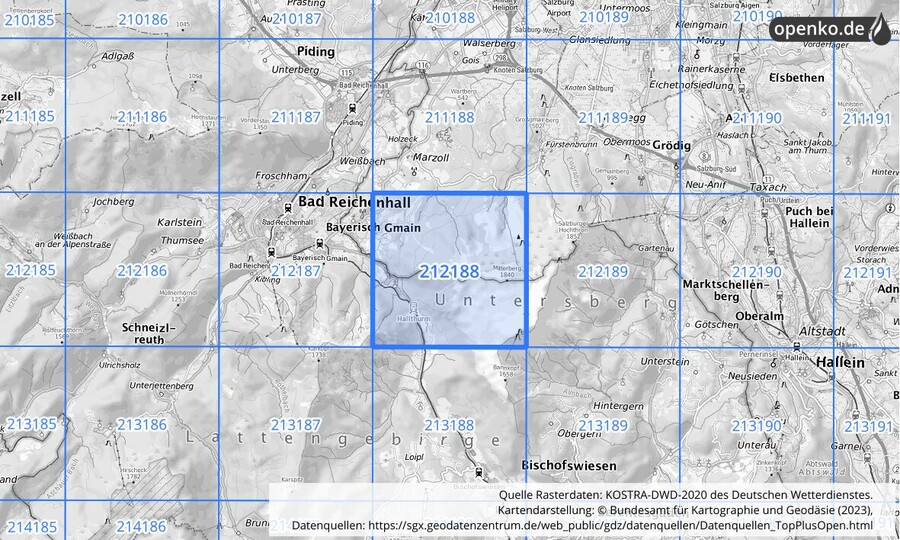 Übersichtskarte des KOSTRA-DWD-2020-Rasterfeldes Nr. 212188