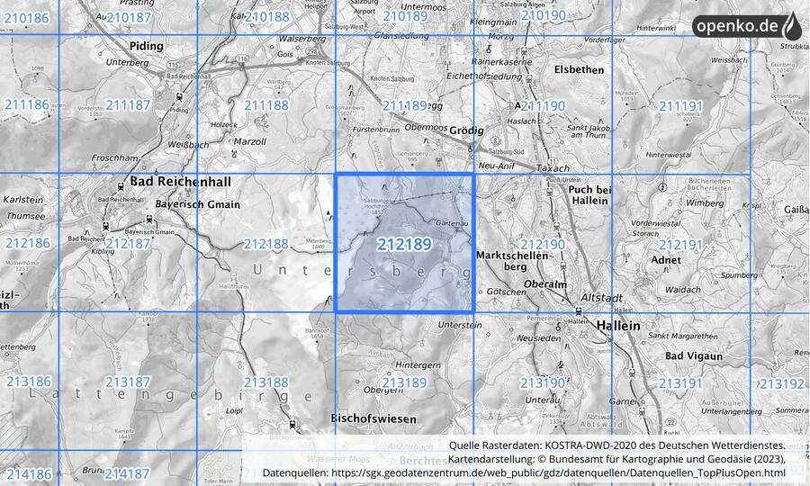 Übersichtskarte des KOSTRA-DWD-2020-Rasterfeldes Nr. 212189