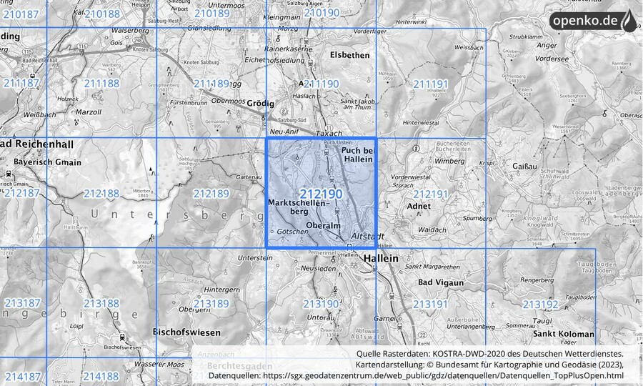 Übersichtskarte des KOSTRA-DWD-2020-Rasterfeldes Nr. 212190