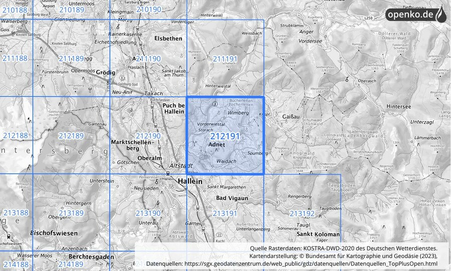 Übersichtskarte des KOSTRA-DWD-2020-Rasterfeldes Nr. 212191