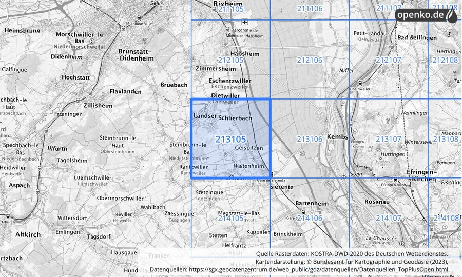 Übersichtskarte des KOSTRA-DWD-2020-Rasterfeldes Nr. 213105