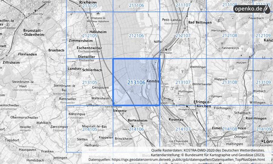 Übersichtskarte des KOSTRA-DWD-2020-Rasterfeldes Nr. 213106