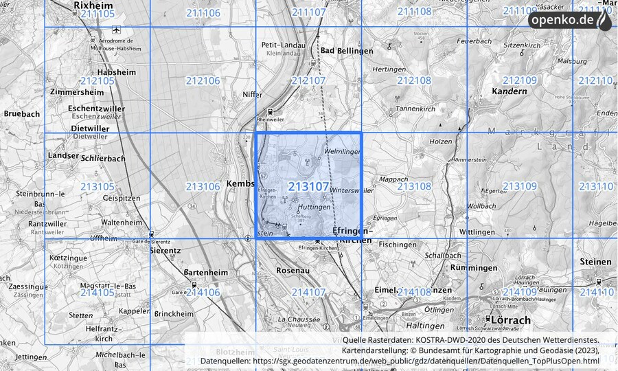Übersichtskarte des KOSTRA-DWD-2020-Rasterfeldes Nr. 213107
