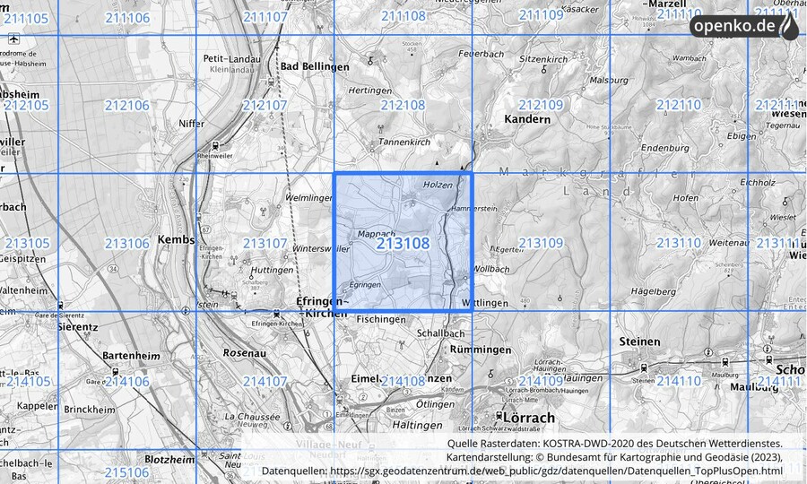 Übersichtskarte des KOSTRA-DWD-2020-Rasterfeldes Nr. 213108