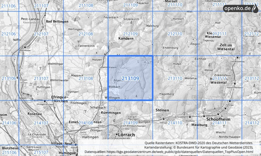 Übersichtskarte des KOSTRA-DWD-2020-Rasterfeldes Nr. 213109