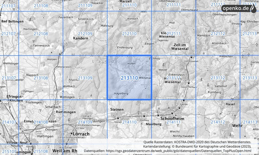 Übersichtskarte des KOSTRA-DWD-2020-Rasterfeldes Nr. 213110