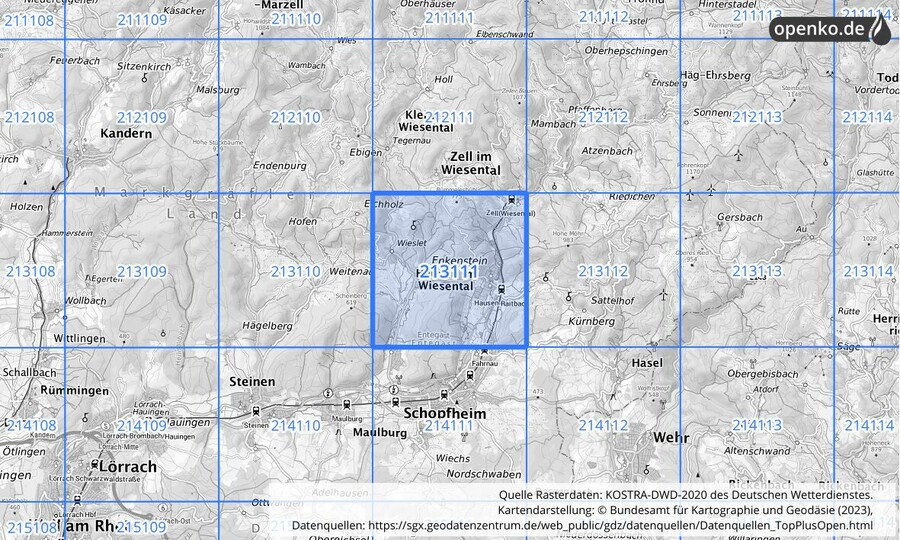 Übersichtskarte des KOSTRA-DWD-2020-Rasterfeldes Nr. 213111