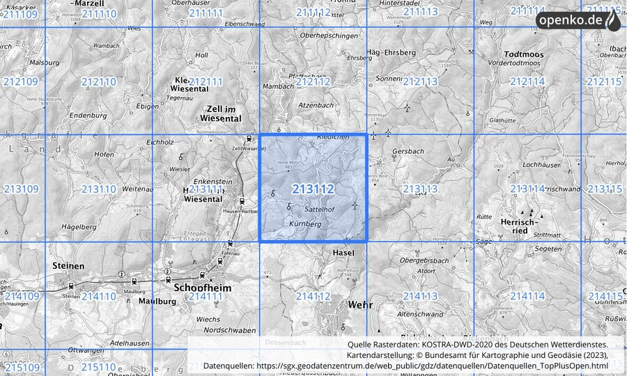 Übersichtskarte des KOSTRA-DWD-2020-Rasterfeldes Nr. 213112