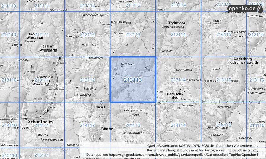 Übersichtskarte des KOSTRA-DWD-2020-Rasterfeldes Nr. 213113