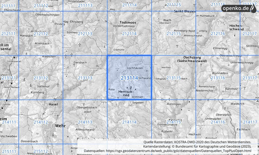 Übersichtskarte des KOSTRA-DWD-2020-Rasterfeldes Nr. 213114
