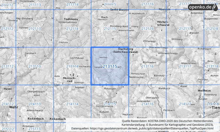 Übersichtskarte des KOSTRA-DWD-2020-Rasterfeldes Nr. 213115