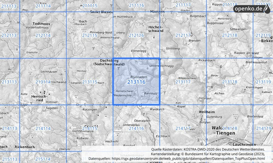 Übersichtskarte des KOSTRA-DWD-2020-Rasterfeldes Nr. 213116