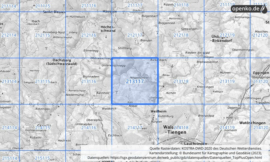 Übersichtskarte des KOSTRA-DWD-2020-Rasterfeldes Nr. 213117