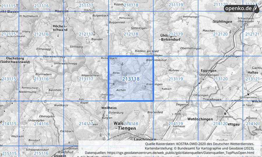 Übersichtskarte des KOSTRA-DWD-2020-Rasterfeldes Nr. 213118