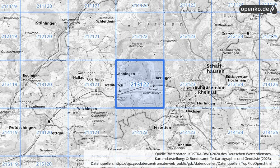 Übersichtskarte des KOSTRA-DWD-2020-Rasterfeldes Nr. 213122