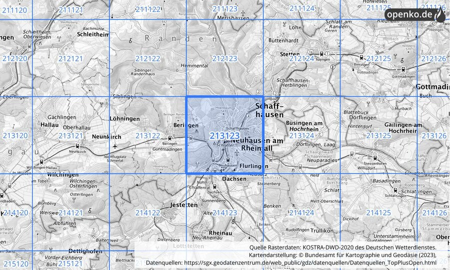 Übersichtskarte des KOSTRA-DWD-2020-Rasterfeldes Nr. 213123