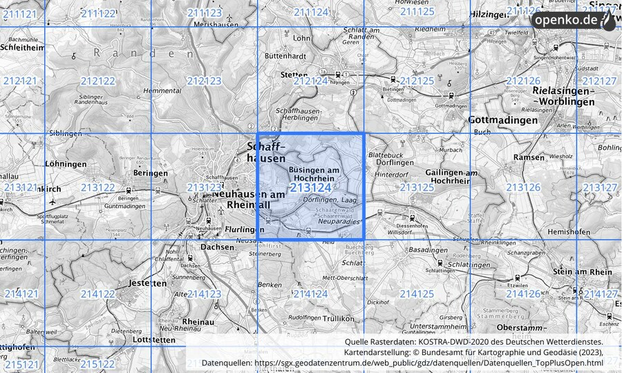 Übersichtskarte des KOSTRA-DWD-2020-Rasterfeldes Nr. 213124
