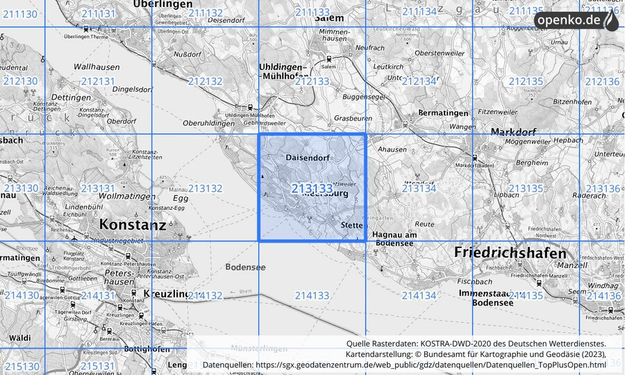 Übersichtskarte des KOSTRA-DWD-2020-Rasterfeldes Nr. 213133