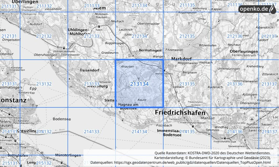 Übersichtskarte des KOSTRA-DWD-2020-Rasterfeldes Nr. 213134