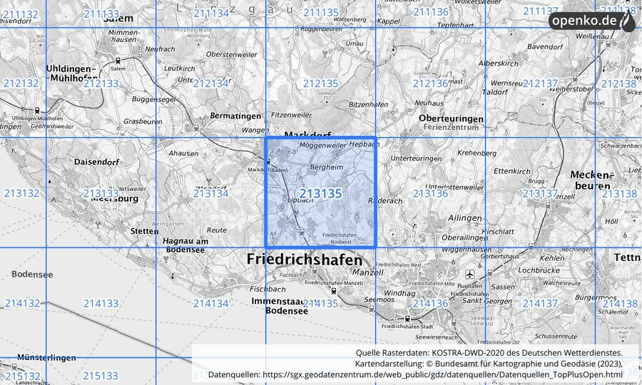 Übersichtskarte des KOSTRA-DWD-2020-Rasterfeldes Nr. 213135