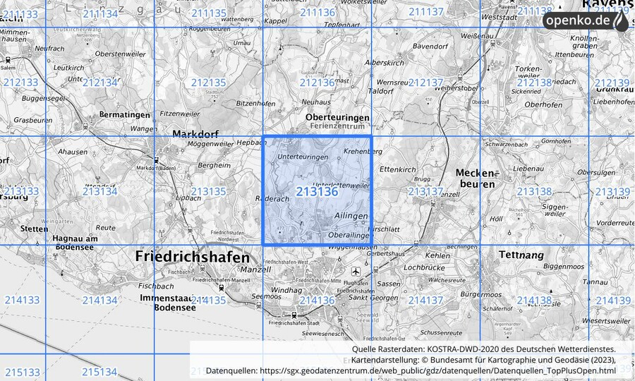 Übersichtskarte des KOSTRA-DWD-2020-Rasterfeldes Nr. 213136