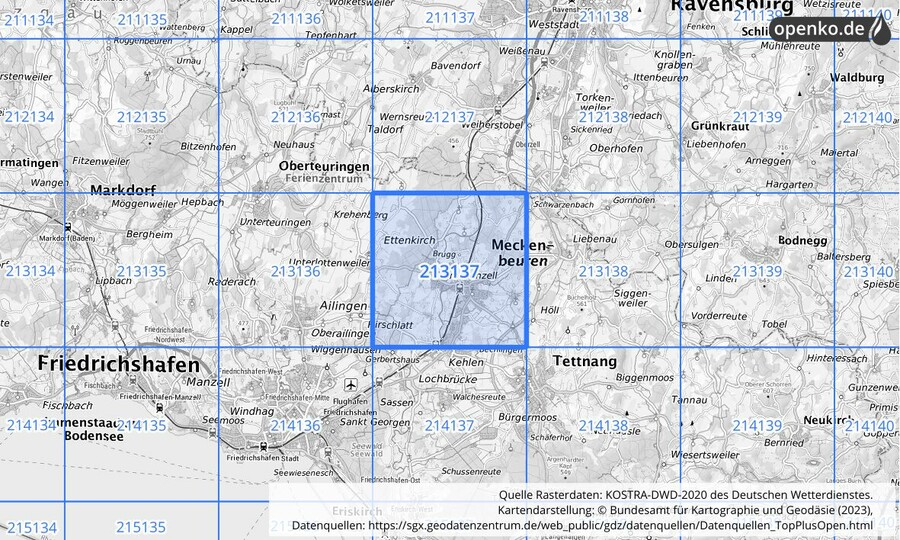 Übersichtskarte des KOSTRA-DWD-2020-Rasterfeldes Nr. 213137