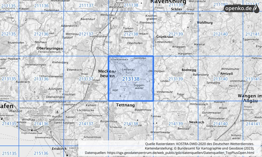 Übersichtskarte des KOSTRA-DWD-2020-Rasterfeldes Nr. 213138