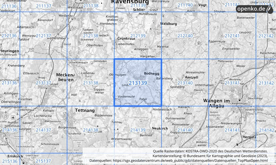 Übersichtskarte des KOSTRA-DWD-2020-Rasterfeldes Nr. 213139