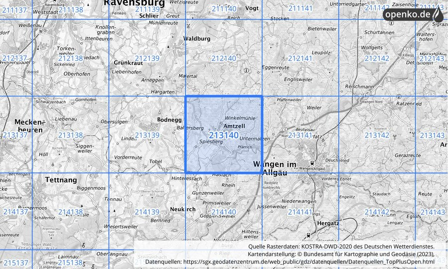 Übersichtskarte des KOSTRA-DWD-2020-Rasterfeldes Nr. 213140
