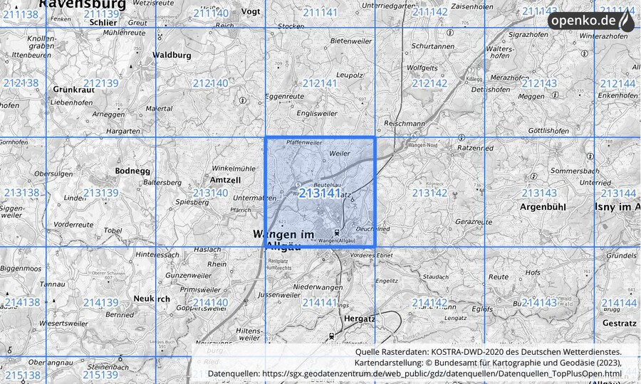 Übersichtskarte des KOSTRA-DWD-2020-Rasterfeldes Nr. 213141