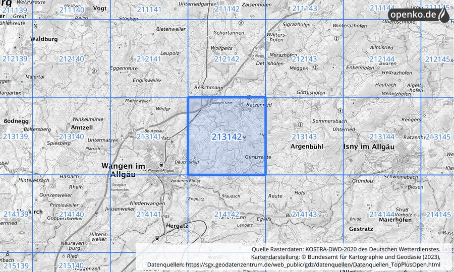 Übersichtskarte des KOSTRA-DWD-2020-Rasterfeldes Nr. 213142
