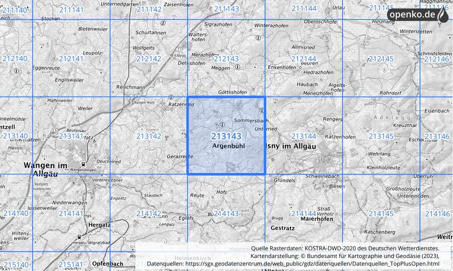 Übersichtskarte des KOSTRA-DWD-2020-Rasterfeldes Nr. 213143