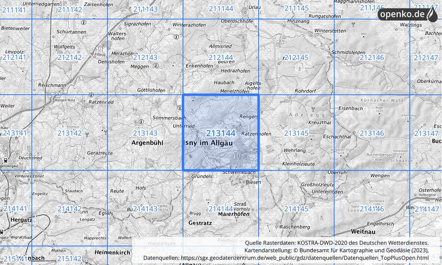 Übersichtskarte des KOSTRA-DWD-2020-Rasterfeldes Nr. 213144