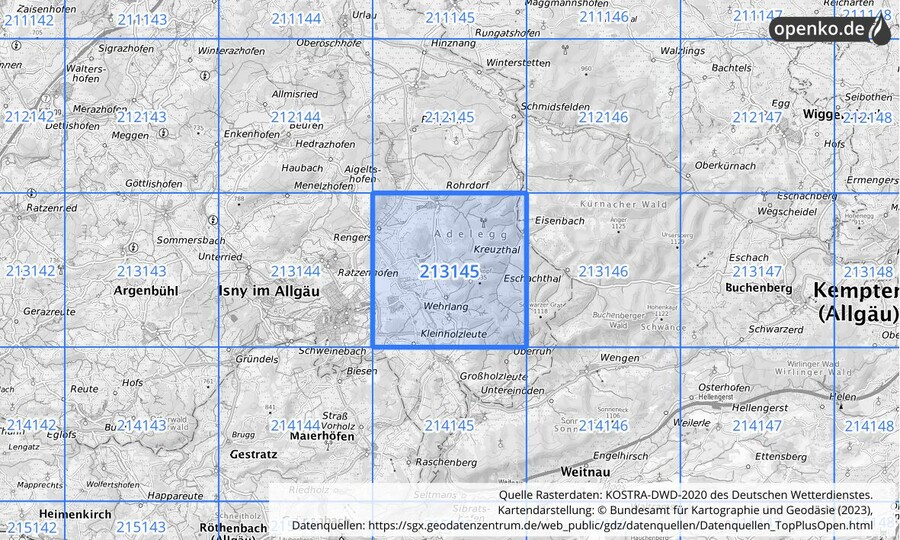 Übersichtskarte des KOSTRA-DWD-2020-Rasterfeldes Nr. 213145