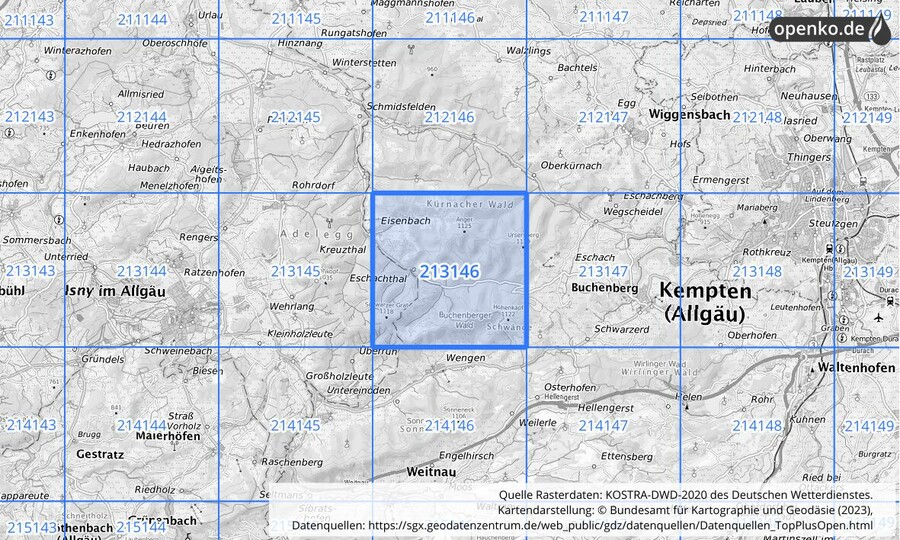 Übersichtskarte des KOSTRA-DWD-2020-Rasterfeldes Nr. 213146