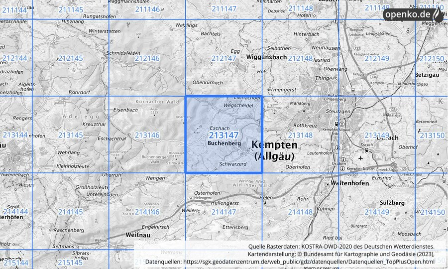 Übersichtskarte des KOSTRA-DWD-2020-Rasterfeldes Nr. 213147