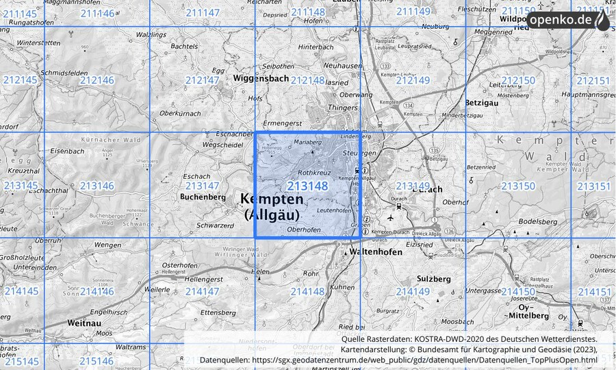 Übersichtskarte des KOSTRA-DWD-2020-Rasterfeldes Nr. 213148