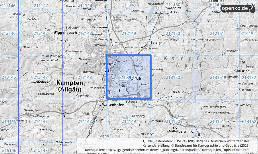 Übersichtskarte des KOSTRA-DWD-2020-Rasterfeldes Nr. 213149